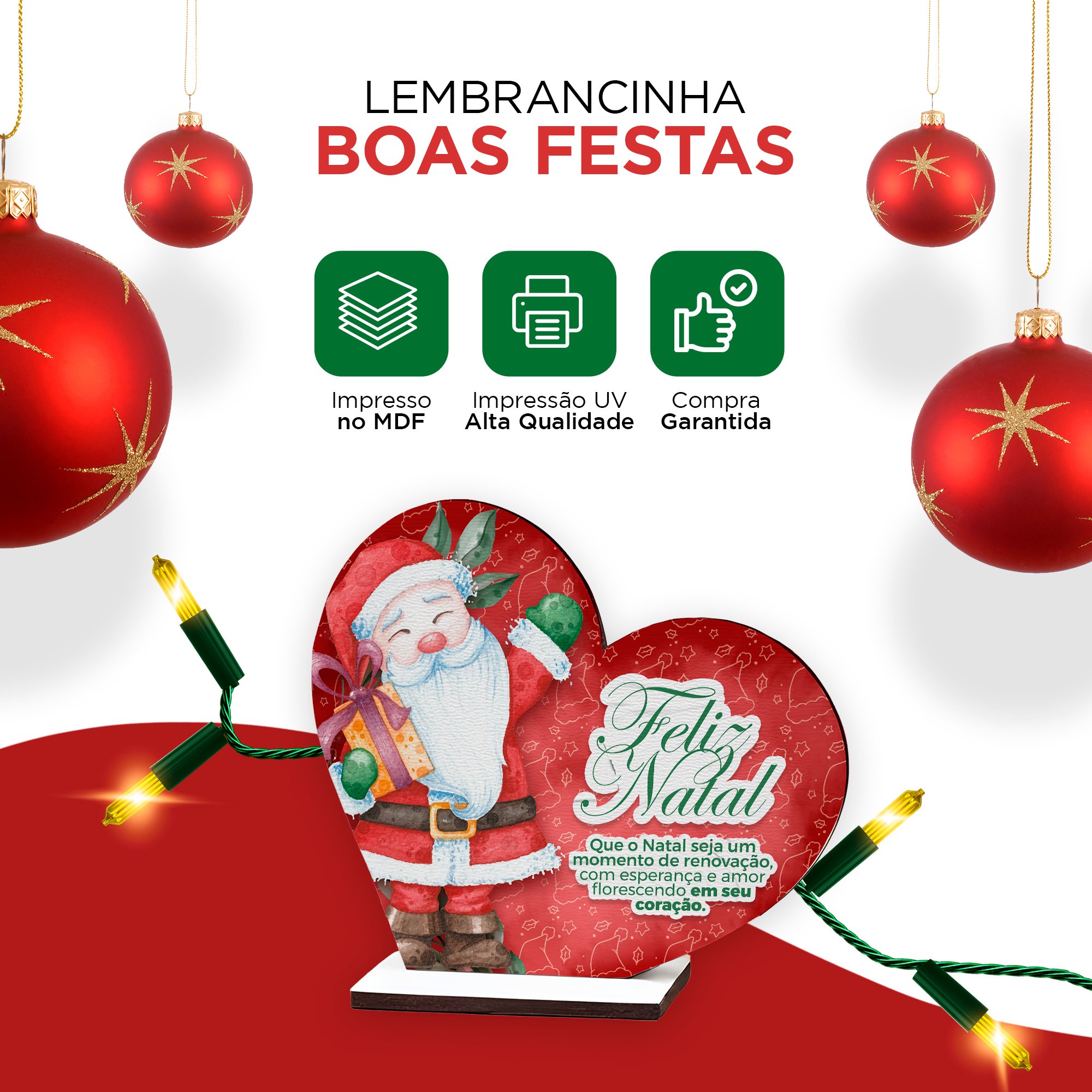 Kit com 15 Unidades - Natal de Renovação- Lembrancinha/ Coração Papai Noel em Mdf - 5