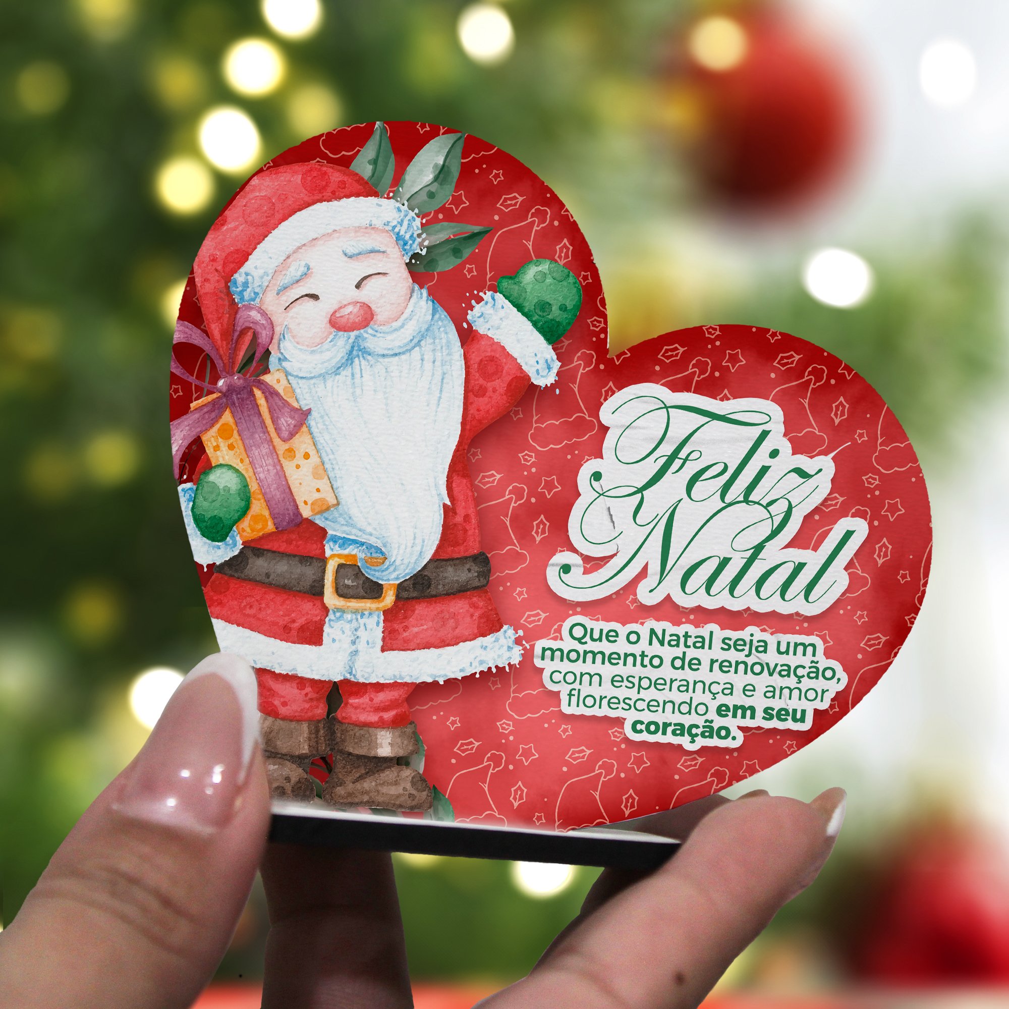 Kit com 15 Unidades - Natal de Renovação- Lembrancinha/ Coração Papai Noel em Mdf