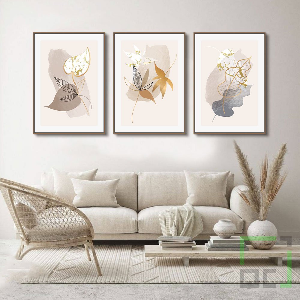 Quadros Tela Canvas Trio Folhas Delicadas Abstratas Sala Art:Madeira - 2