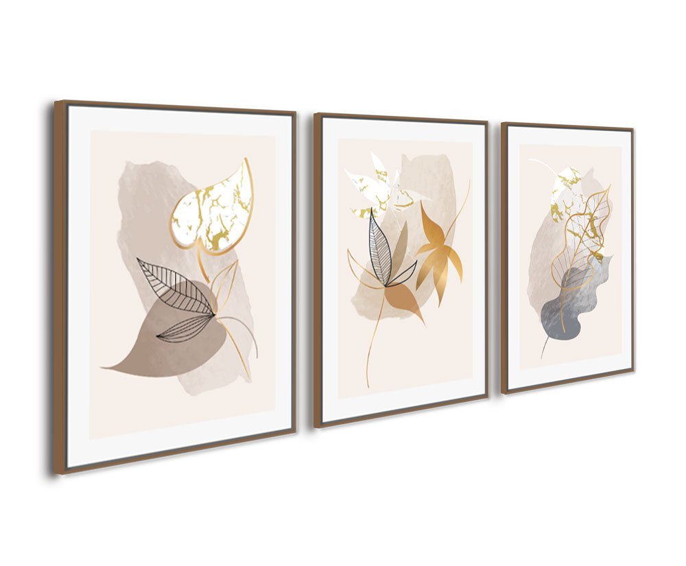 Quadros Tela Canvas Trio Folhas Delicadas Abstratas Sala Art:Madeira - 1