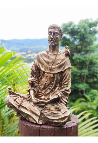 Imagem Estátua São Francisco Assis Meditando Em Resina 19 Cm - bronze - 5