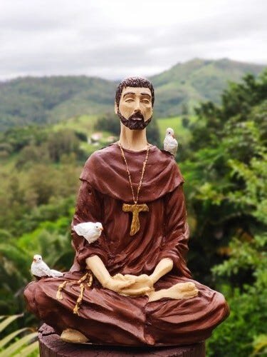 Imagem estátua São Franscisco de Assis meditando flor de lótus - Marrom - 1