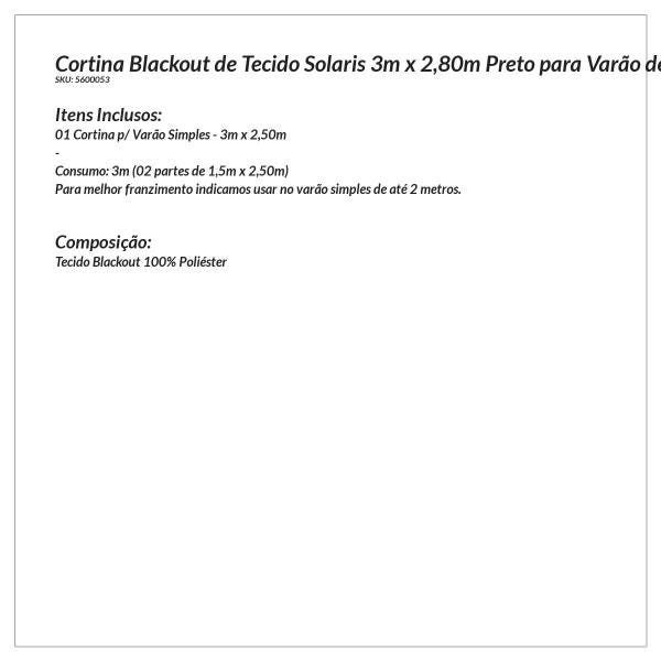 Cortina Blackout de Tecido Preta 3M x 2,80M Avelã para Varão de 2 Metros Simples Solaris - 4