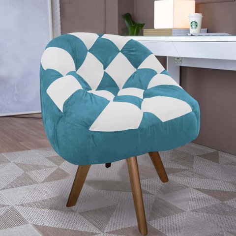 Poltrona Paloma Escritório Sala Giratória Madeira Suede Azul Turquesa e Suede Branco - Dominic Decor