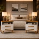 Ver imagem 1 de Kit Mesa de Cabeceira Pequena 2 Gavetas Nicho Branco MDF Brilhante Off White/Nature
