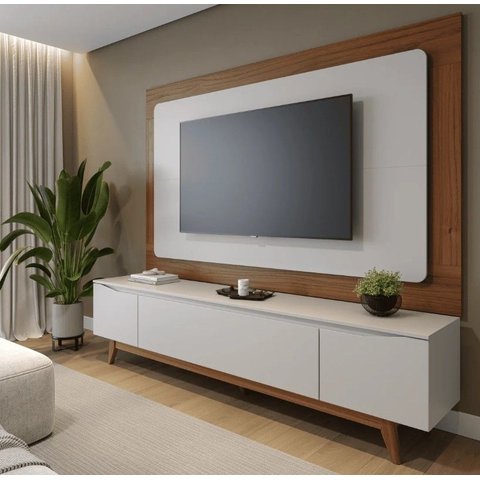 Rack para Tvs até 75 Polegadas 3 Portas Flynt 220cm Off-white Fosco com Natural