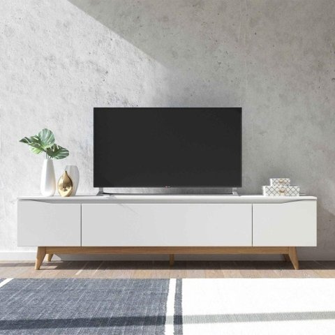 Rack para TV até 75 Polegadas 220cm Pés em Madeira Maciça Flynt Off White/Natural