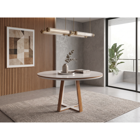 Mesa Atlanta 100cm com Vidro Redondo para Sala de Jantar Cinamomo/Off White