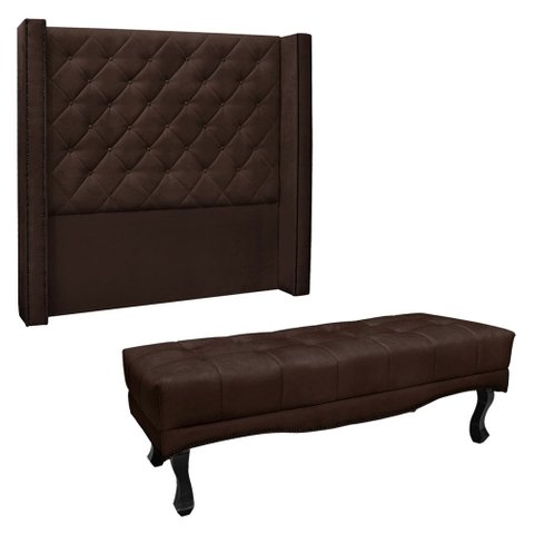 Kit Cabeceira e Calçadeira Recamier Queen 1,60m Vicenza Suede Marrom Café - Pallazio