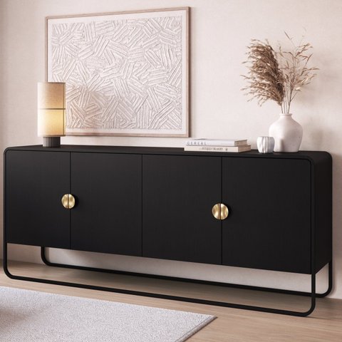 Balcão Buffet 180cm 4 Portas Orgânico Pé Metal Luna Preto/Nero