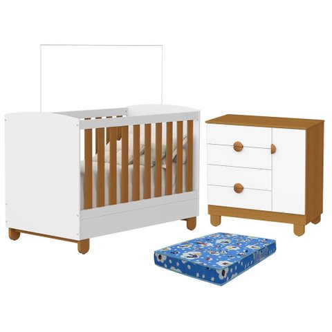 Berço Americano e Cômoda Sapateira Apolo Branco Fosco Savana com Colchão Ortobom - Reller
