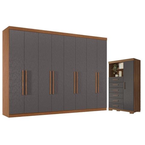 Guarda Roupa Casal Master New 8 Portas 4 Gavetas MDP Cômoda Marabá Jatobá Grafite Acetinado