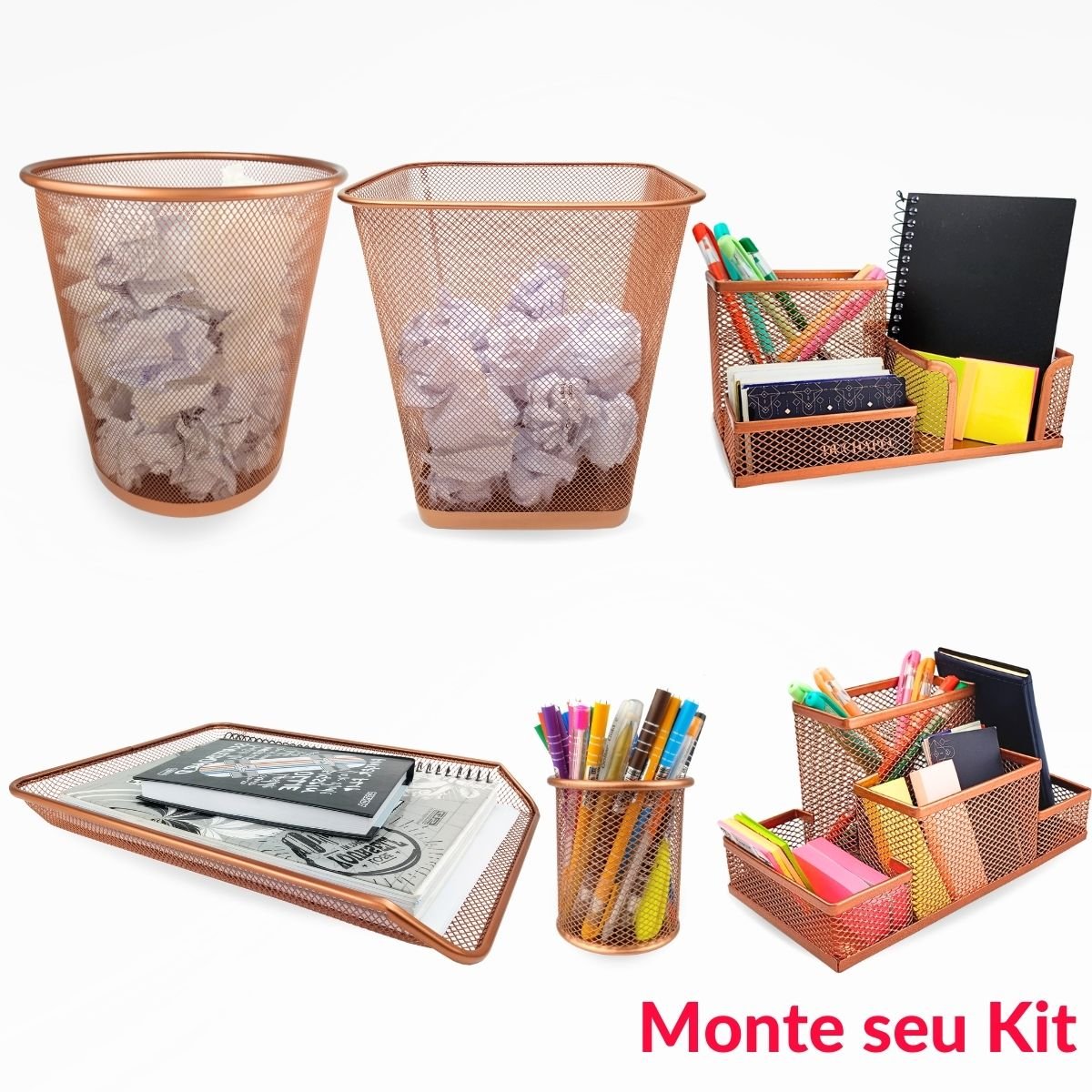 KIT ORGANIZADOR DE ESCRITORIO ROSE GOLD, LIXEIRA ARAMADA, PORTA CANETA, BANDEJA PORTA PAPEL - PORTA  - 4