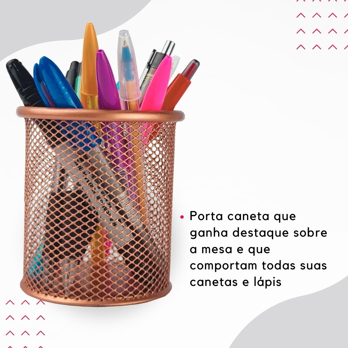 KIT ORGANIZADOR DE ESCRITORIO ROSE GOLD, LIXEIRA ARAMADA, PORTA CANETA, BANDEJA PORTA PAPEL - PORTA  - 3