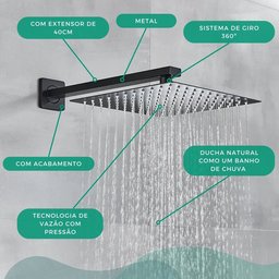 Chuveiro Ducha Banheiro Piscina Estilo Slim Quadrado 20x20 Moderna + Braço de 40cm - Cor Preto - 5