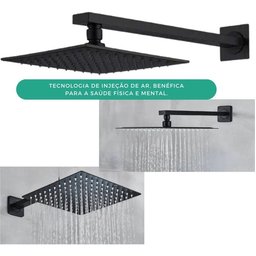 Chuveiro Ducha Banheiro Piscina Estilo Slim Quadrado 20x20 Moderna + Braço de 40cm - Cor Preto - 4