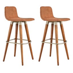 Kit 2 Banquetas Altas Luxo Linea Aço Champanhe Linho Terracota Base Carvalho - 1