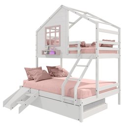 Treliche Casinha com Janela Casal/Solteiro com Escada/Escorregador Madeira Maciça Branco/ Rosa - 5 Treliche Casinha com Janela Casal/Solteiro com Escada/Escorregador Madeira Maciça Branco/ Rosa - 5