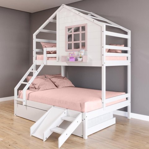 Treliche Casinha com Janela Casal/Solteiro com Escada/Escorregador Madeira Maciça Branco/ Rosa