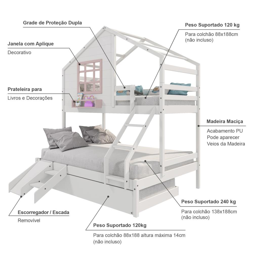 Treliche Casinha com Janela Casal/solteiro com Escada/escorregador Madeira Maciça Branco/ Rosa - 3