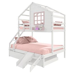 Treliche Casinha com Janela Casal/Solteiro com Escada/Escorregador Madeira Maciça Branco/ Rosa - 2 Treliche Casinha com Janela Casal/Solteiro com Escada/Escorregador Madeira Maciça Branco/ Rosa - 2