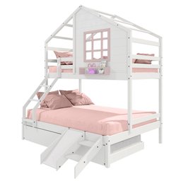 Treliche Casinha com Janela Casal/solteiro com Escada/escorregador Madeira Maciça Branco/ Rosa - 2