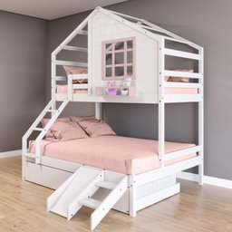 Treliche Casinha com Janela Casal/solteiro com Escada/escorregador Madeira Maciça Branco/ Rosa - 1