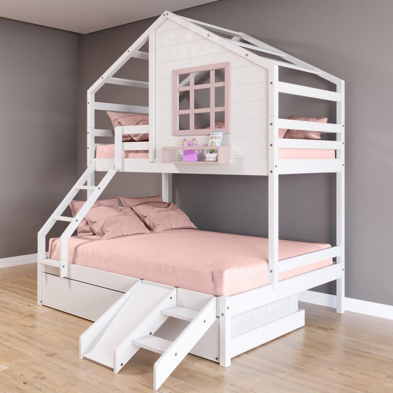 Treliche Casinha com Janela Casal/solteiro com Escada/escorregador Madeira Maciça Branco/ Rosa