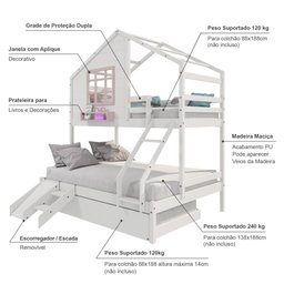 Treliche Casinha com Janela Casal/Solteiro com Escada/Escorregador Madeira Maciça Branco/ Rosa - 3 Treliche Casinha com Janela Casal/Solteiro com Escada/Escorregador Madeira Maciça Branco/ Rosa - 3