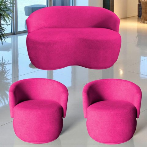 Kit Namoradeira + 2 Poltronas Decorativa Beatriz Orgânica Veludo Rosa Pink