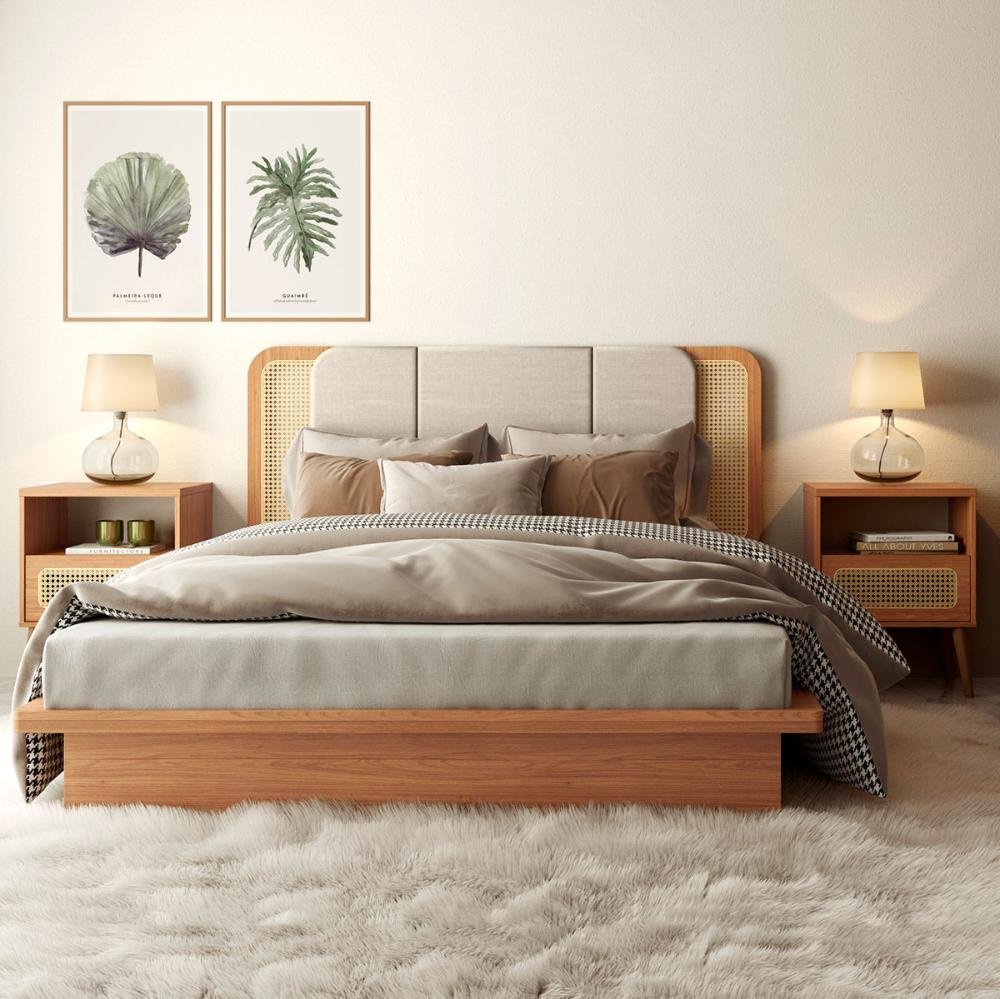 Kit Quarto com Cama + Cabeceira + 2 Mesas de Cabeceira Mdf Cor:freijó