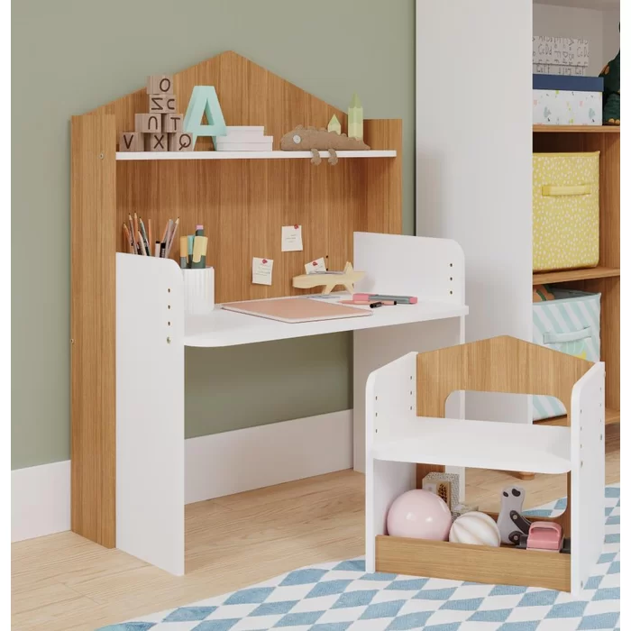 Mesa Infantil Casinha com Banco e Regulagem de Altura Branco/nature - Permobili