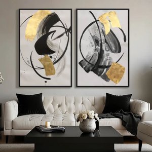 Quadro Abstrato Contemporâneo Duo Preto e Dourado Canvas