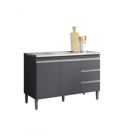 Balcão P-pia Armário Andreia sem Tampo 120cm 2 Portas 3 Gavetas Cinza Fosco