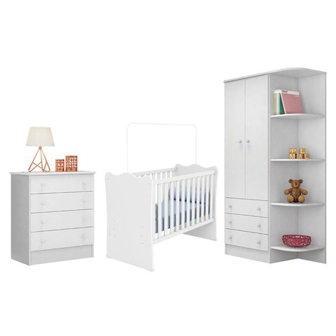 Jogo de Quarto Doce Sonho Guarda Roupa 2 Portas Cantoneira, Berço e Cômoda Branco - Qmovi