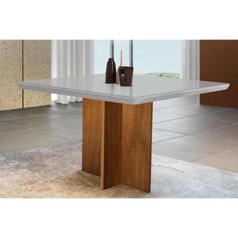Mesa de Sala Jantar Berlim + Tampo Madeirado Vidro Reto 90x90cm Off White/Imbuia-Vidro Off White -
