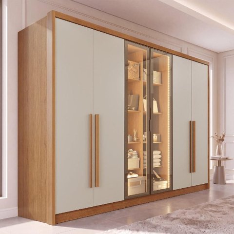 Guarda-Roupa Casal com Vidro e LED 6 Portas e 6 Gavetas Multimóveis Crnvh-GRP144 Cinamomo/Bege
