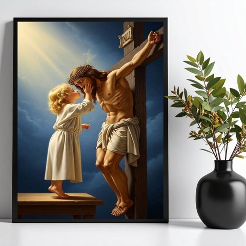 Quadro Criança Beijando Jesus na Cruz 24x18cm:moldura Branca