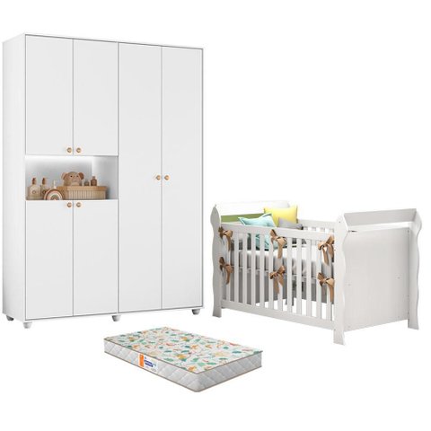 Berço Americano Lara com Colchão Gazin com Guarda Roupa Infantil Vittoria 6 Portas Branco- Móveis