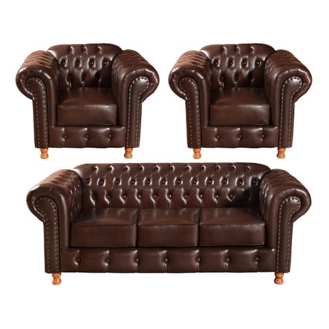 Conjunto De Sofá 3 Lugares E 2 Poltronas Chesterfield Luís Xv -  Couríssimo Marrom Café
