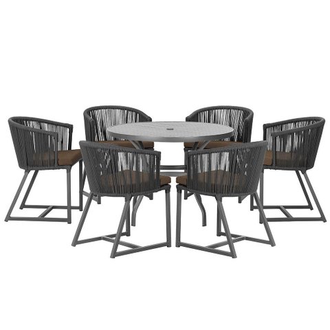 Mesa com 6 Cadeiras de Jantar Roma 120cm e Noronha em Alumínio Preto Corda Náutica Estofado 9 Trama