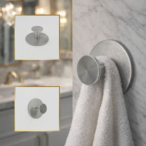 Kit Dois Ganchos Parede Aço Inox Adesivo 3m Prata Escovado