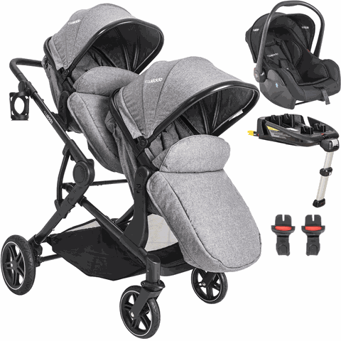 Carrinho de Gemeos Bebe Conforto Base Isofix Kiddo Pair Cinza