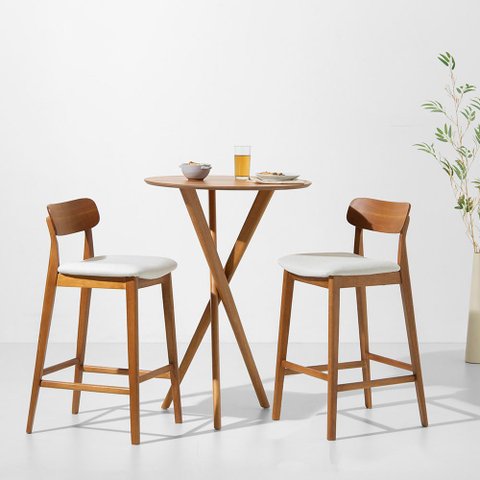 Conjunto Mesa Alta Thai Redonda - 54cm + 2 Banqueta Nord Encosto Madeira Assento Texture - Off White
