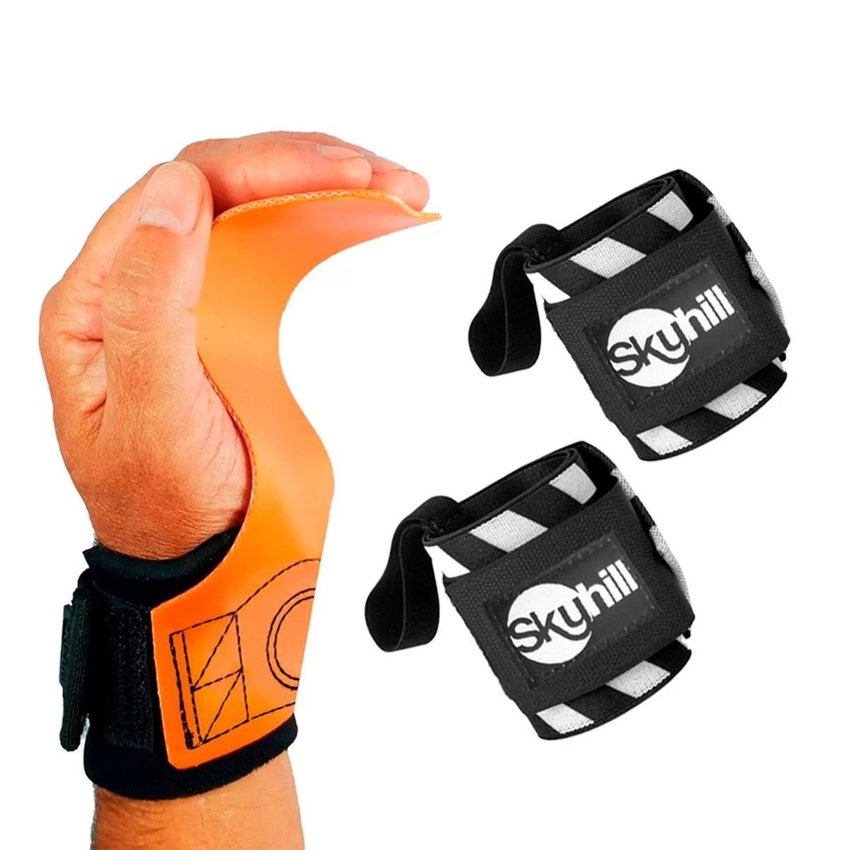 Kit Hand Grip Competition Skyhill + Munhequeira Elástica Listrada:gg/laranja