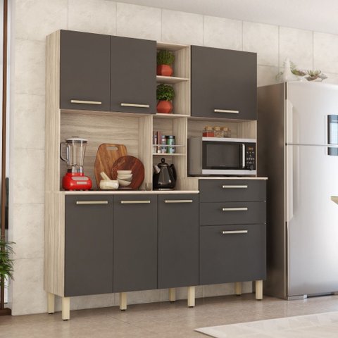 Cozinha Compacta 7 Portas e 2 Gavetas Encanto Bnn Decor Demobile Avena Grafito