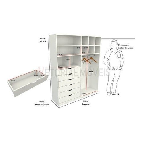 Armário Arara Gaveta Samara M6 100% Mdf Closet Loja Colmeia - Branco