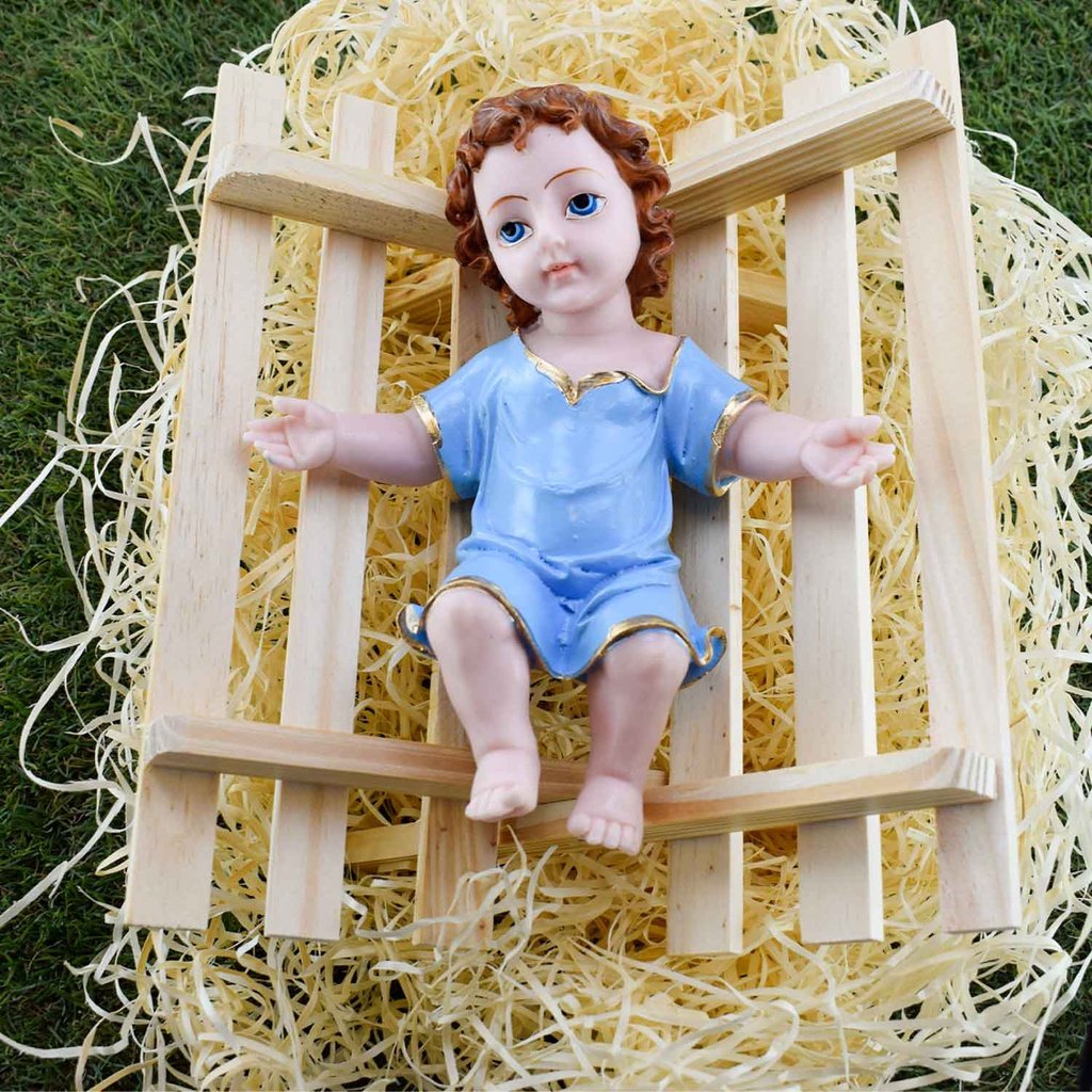 Ver imagem 1 de Menino Jesus 28cm Resina e Manjedoura em Madeira Presépio Natal:azul