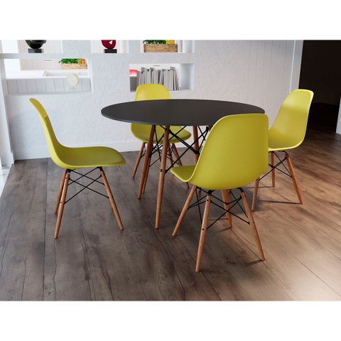 Conjunto de Mesa de Jantar Eames Eiffel Redonda 90cm Tampo de Madeira Preto com 4 Cadeiras Amarelas