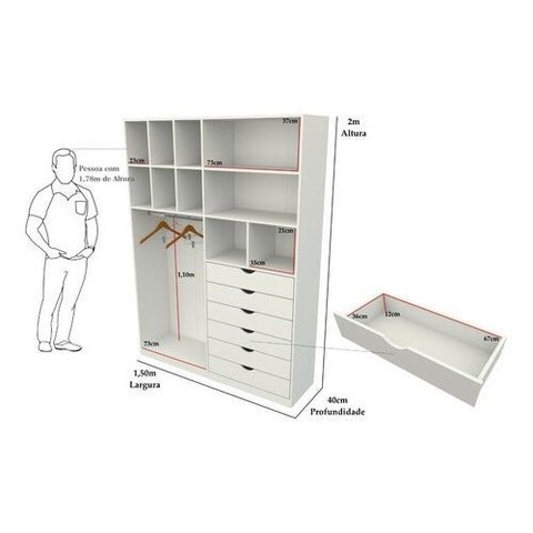 Armário Arara Gaveta Samara M7 100% Mdf Closet Colmeia - Branco